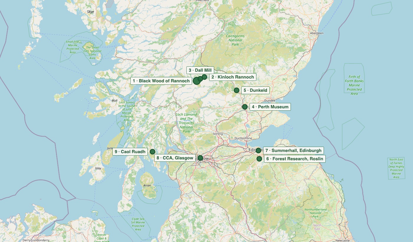 Map of central Scotland showing the Black Wood of Rannoch and the places the project worked: Kinloch Rannoch, Dall Mill, Dunkeld, Perth, Roslin, Edinburgh, Glasgow and Caol Ruadh