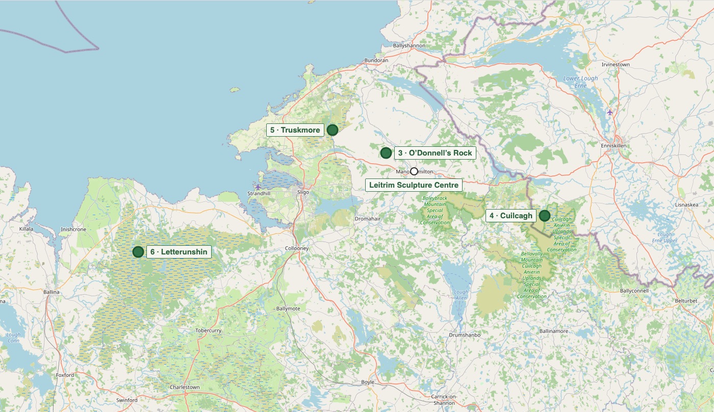 Map of northwest Ireland showing the HAKOTO bog sites: O’Donnell’s Rock, Cuilcagh, Truskmore and Letterunshin, with Leitrim Sculpture Centre at Manorhamilton