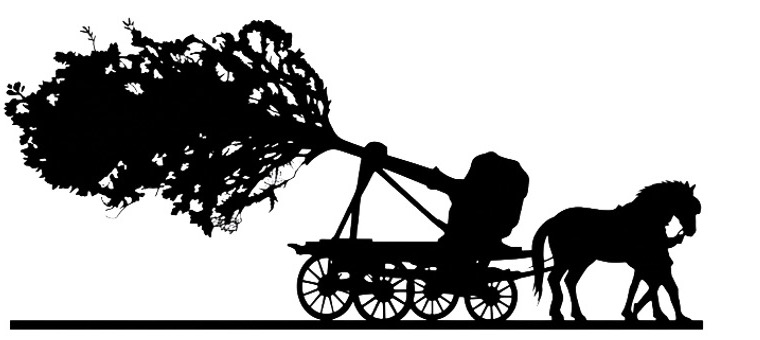 Silhouette of a horse led by a figure, pulling a cart that carries a large tree, its roots and branches spread behind