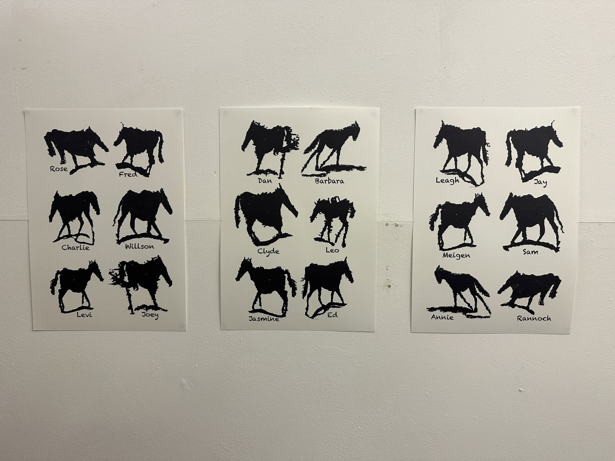 Three sheets of black horse silhouettes pinned to a wall, each horse with a handwritten name