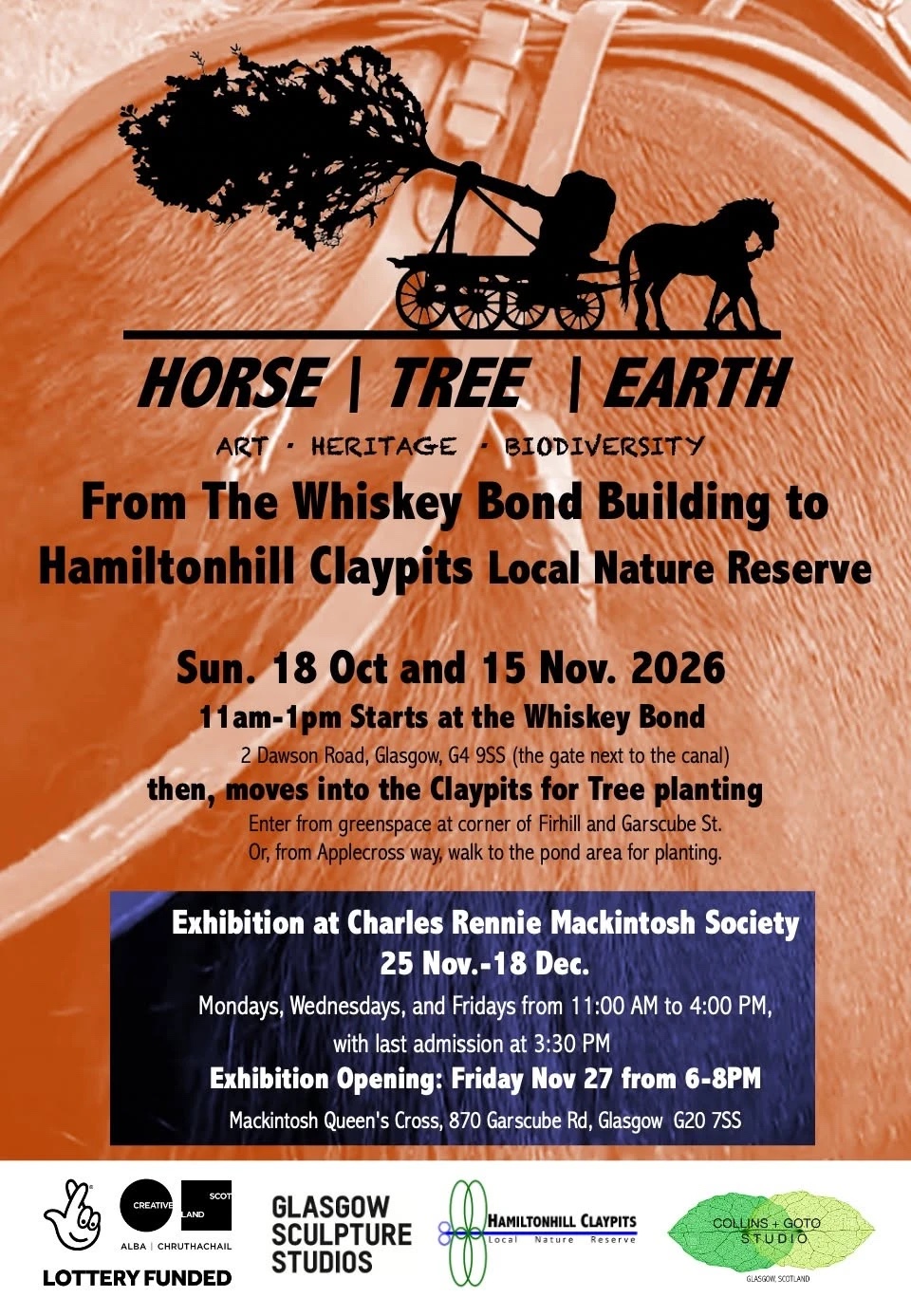 Horse | Tree | Earth poster with the performance dates and the exhibition at the Charles Rennie Mackintosh Society